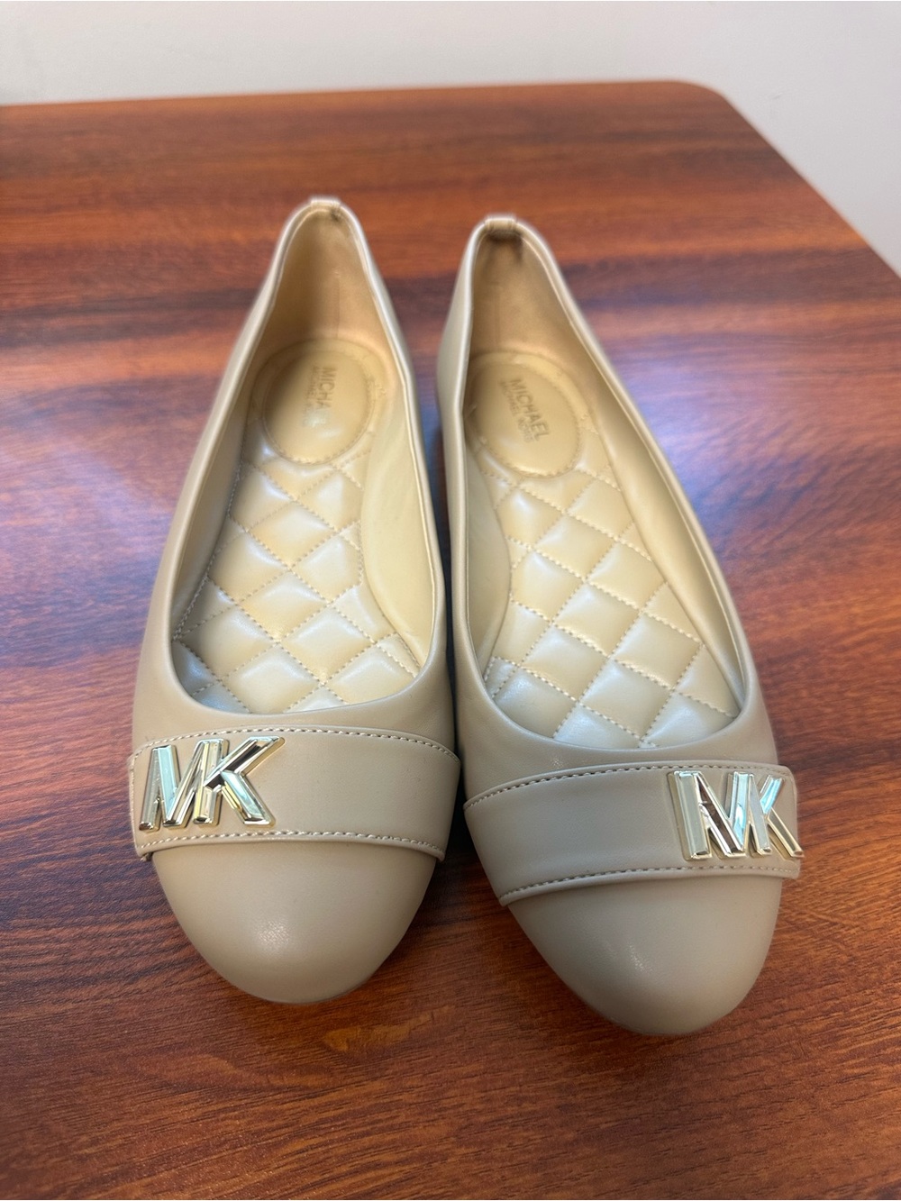 Michael Kors Taupe Leather MK Logo Quilted Ballet Flats